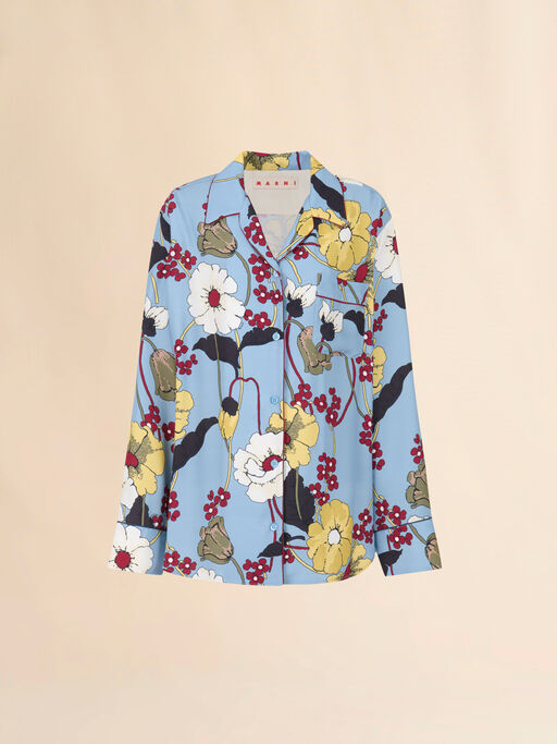 Blue envers satin pyjama shirt with Melodia print - Shirts