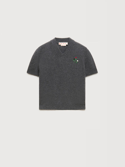 Grey wool-cashmere jumper with embroidered flowers - Pullovers