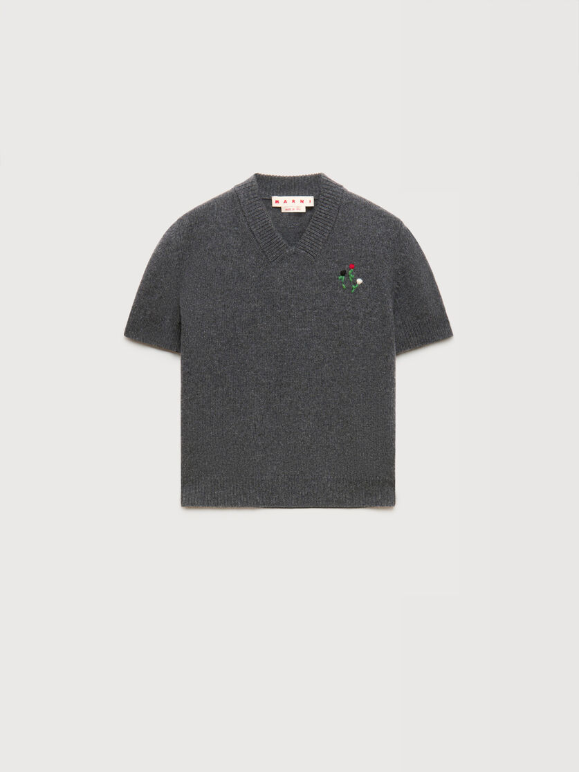 Grey wool-cashmere jumper with embroidered flowers, Image 1