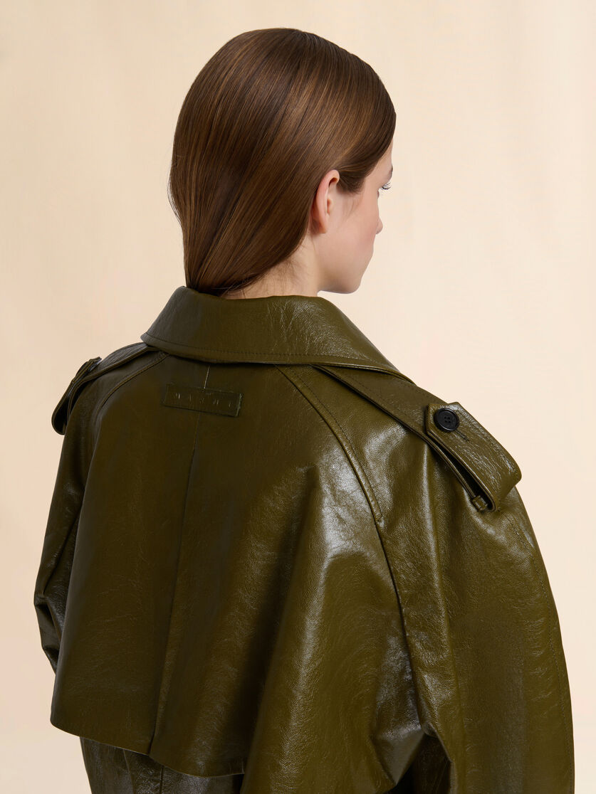 Deep green leather short trench coat - Jackets - Image 5