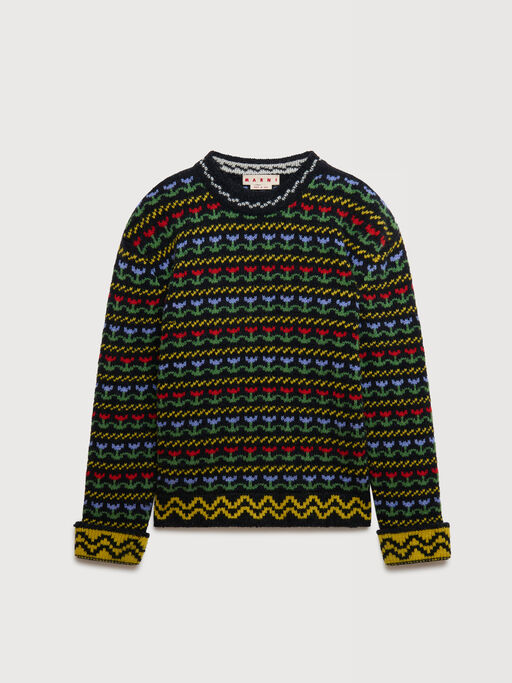Black Shetland wool jumper with Fairisle motif - Pullovers