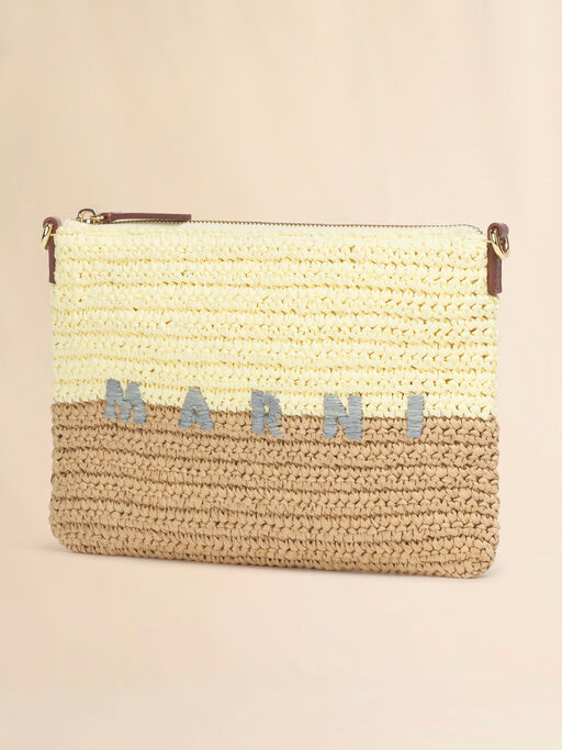 Yellow and brown paper raffia Seaside pouch - Pochettes