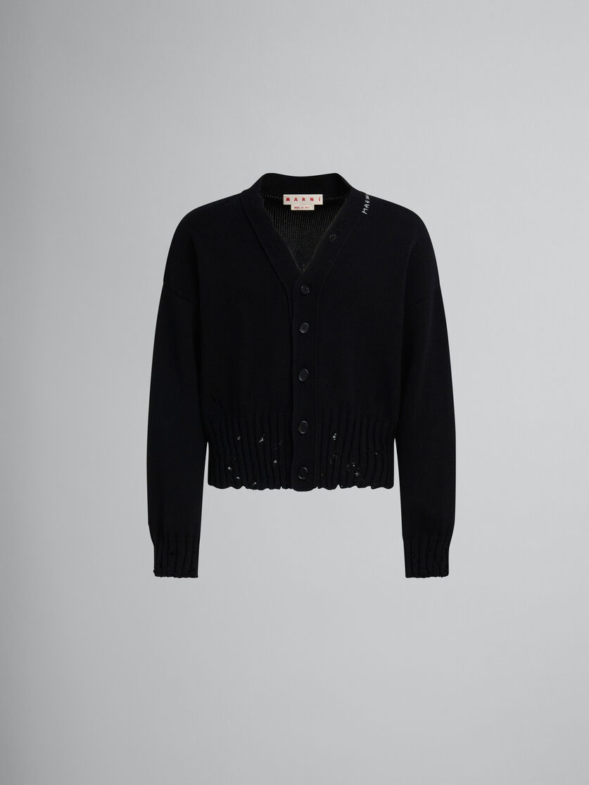 Black dishevelled cotton cardigan - Pullovers - Image 1