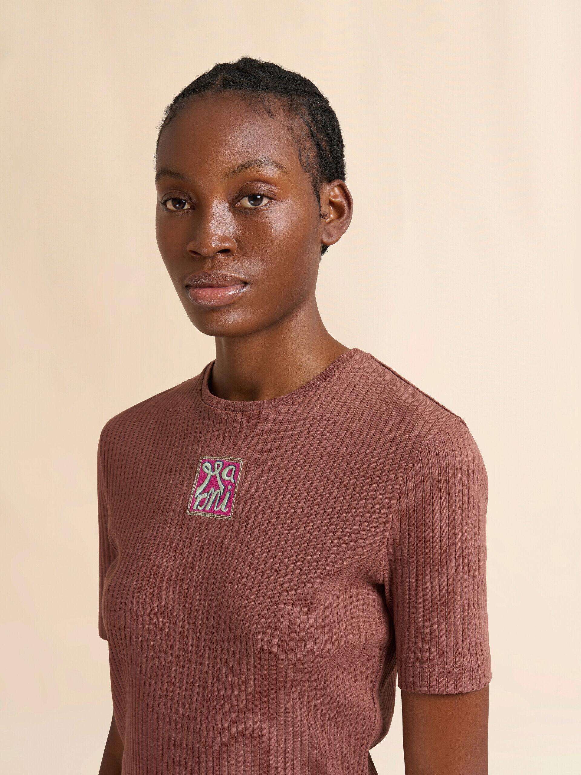 Brown ribbed cotton T-shirt with Marni Frame logo | Marni