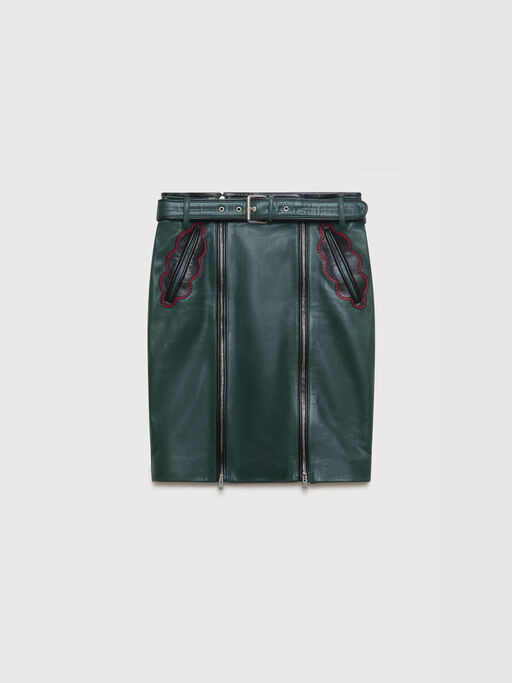 Deep green leather skirt with leaf pockets - Skirts
