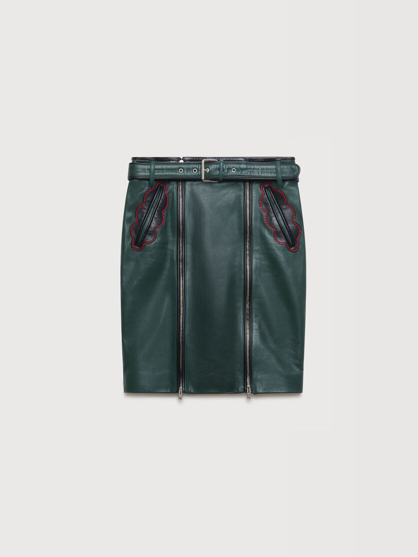 Deep green leather skirt with leaf pockets, Image 1