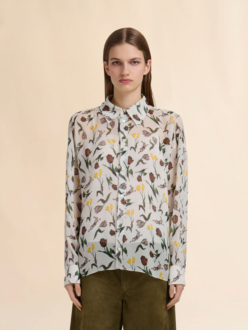 Cream chiffon shirt with Tulips and Hares print - Shirts - Image 2