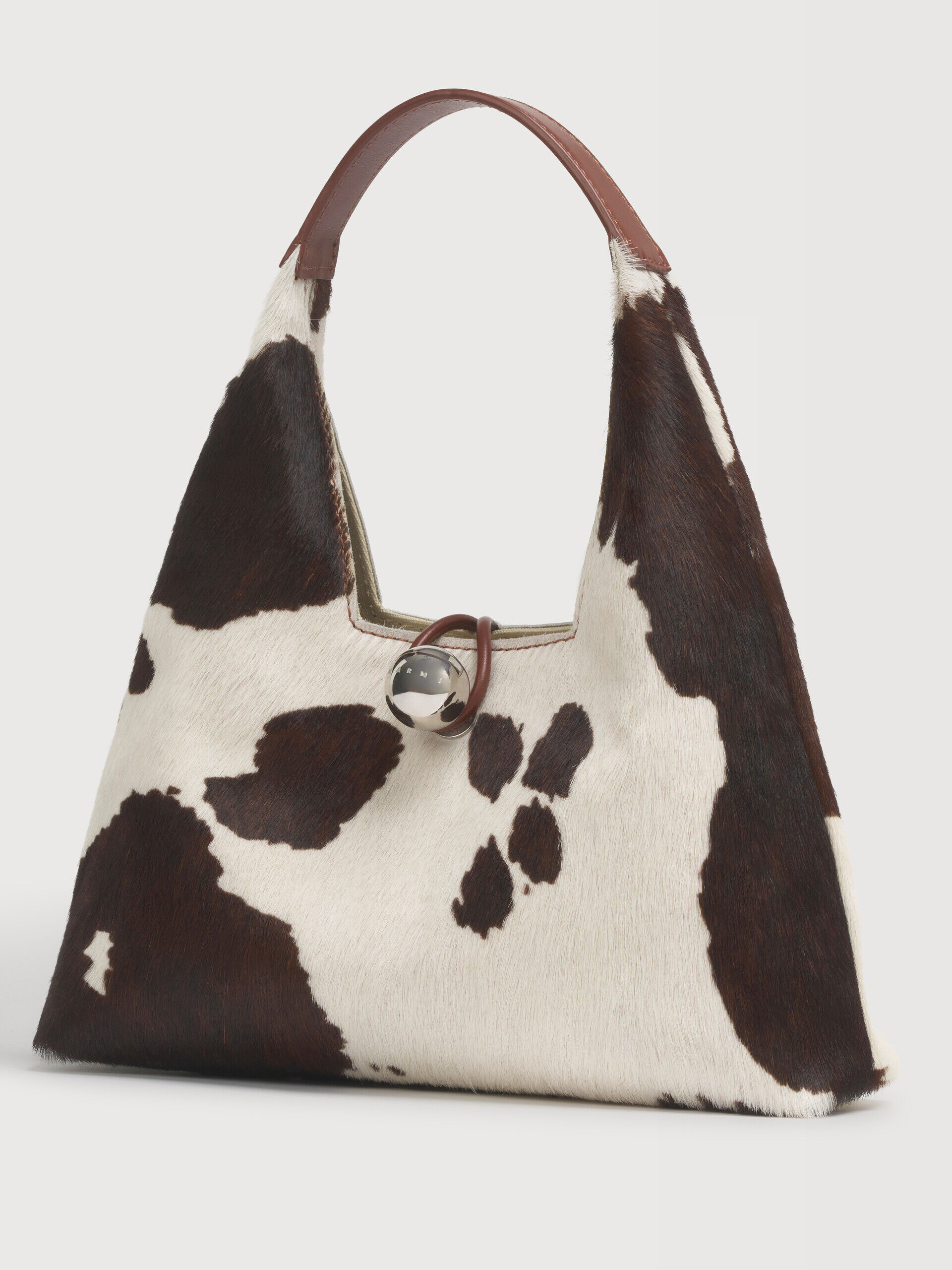White and brown cow-print ponyhair Trapeze mini top handle bag | Marni