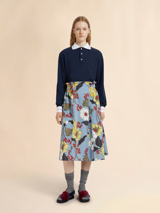 Blue poplin elasticated midi skirt with Melodia print - Skirts