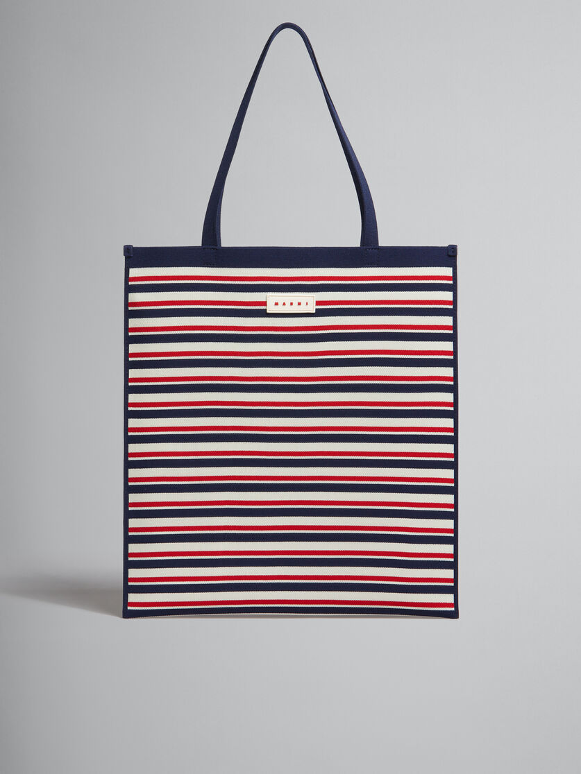 Navy white and red jacquard stripe flat tote bag - Shopping Bags - Image 1