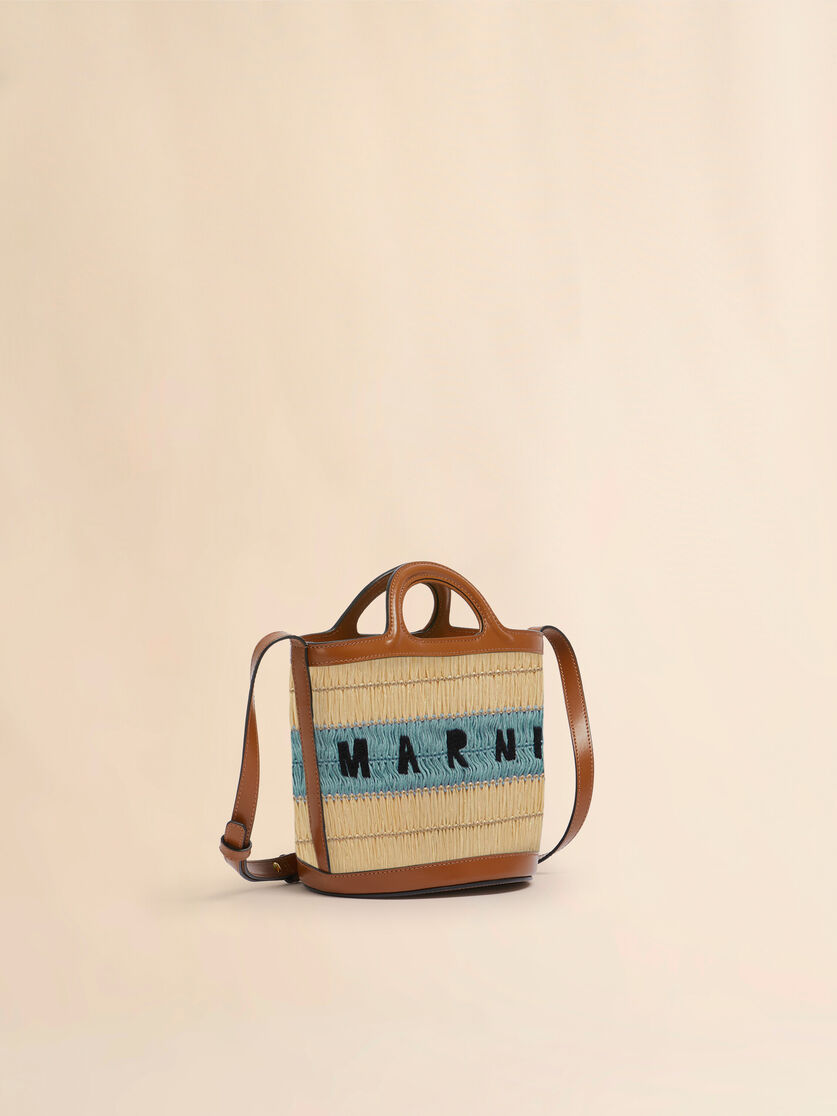 Mini-Eimertasche Tropicalia aus Stoff mit Bast-Optik und blauem Häkeleinsatz - Schultertaschen - Image 6
