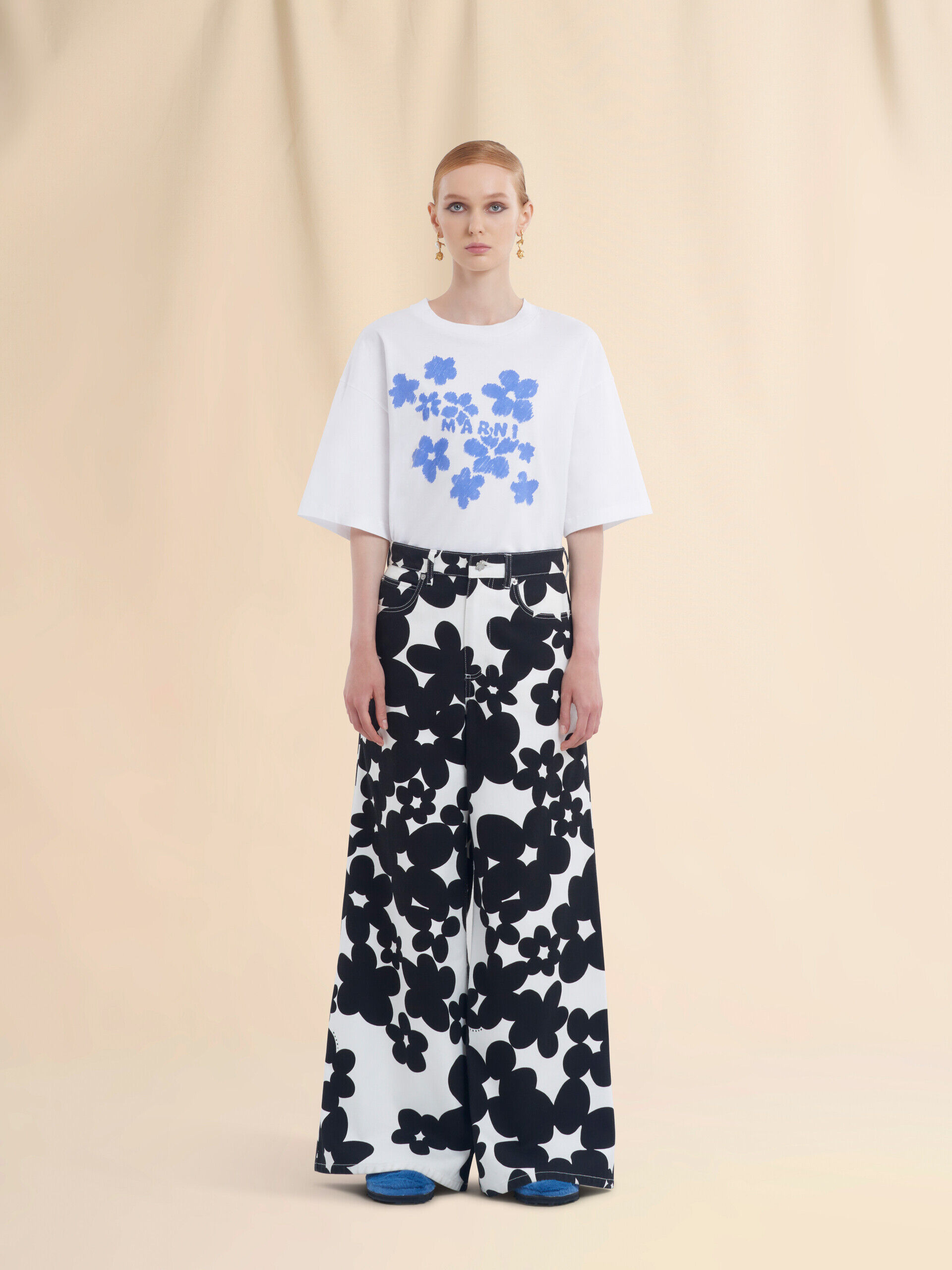 パンツ MARNI Woman Pants Black PAMA0514S0UTC462 DIN99 Cotton trousers with black and white Dillies print | Marni