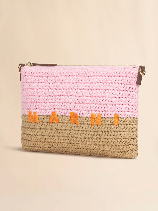 Pink and brown paper raffia Seaside pouch - Pochettes