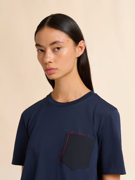 Deep blue cotton T-shirt with handstitched Marni logo - T-shirts
