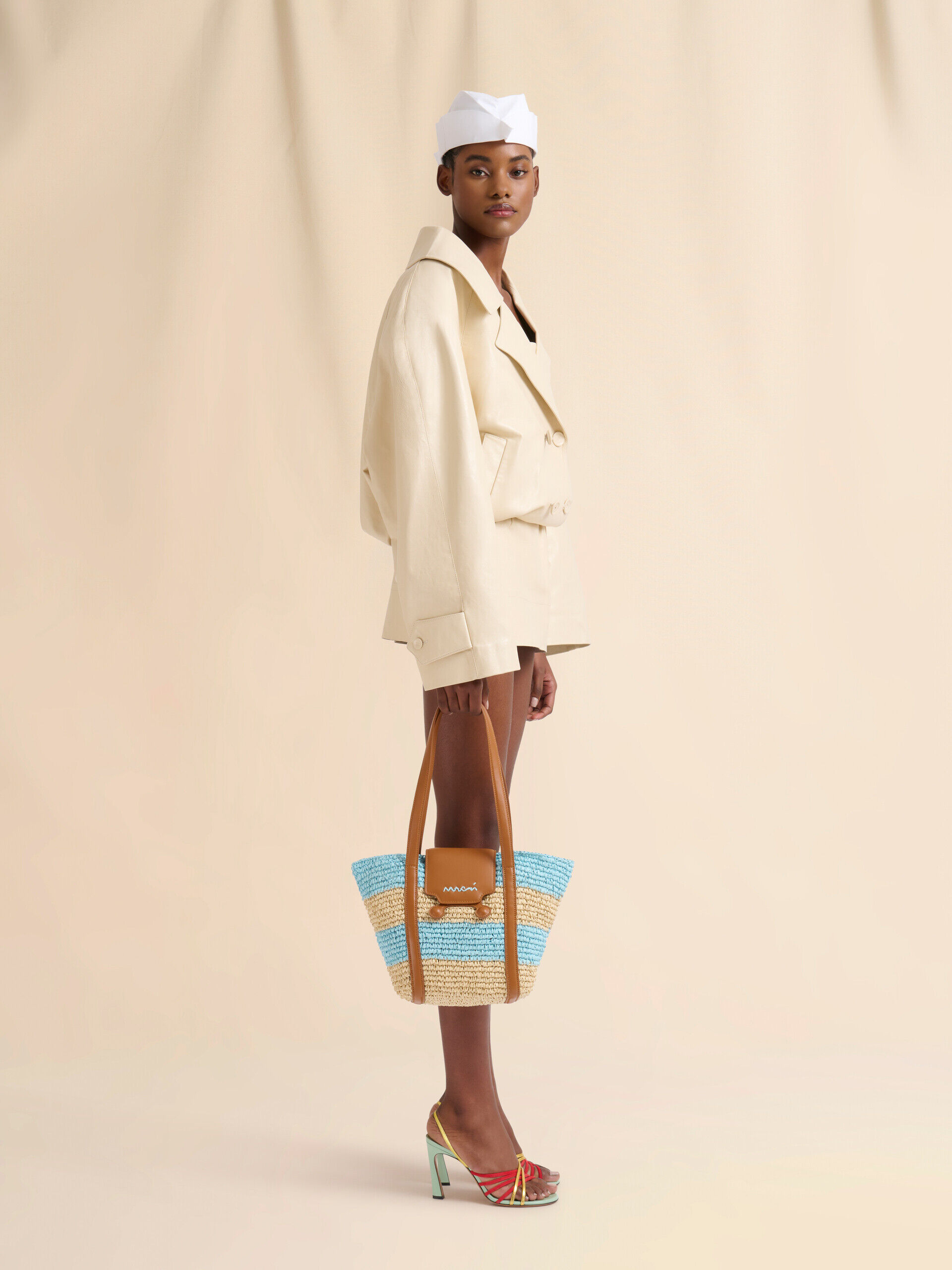 Small blue stripe raffia-effect Trunkaroo beach bag | Marni