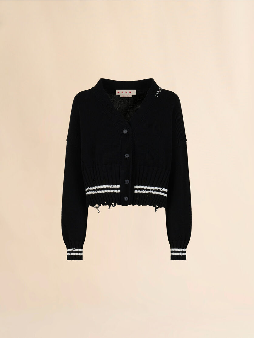 Black dishevelled cotton cardigan - Pullovers - Image 1
