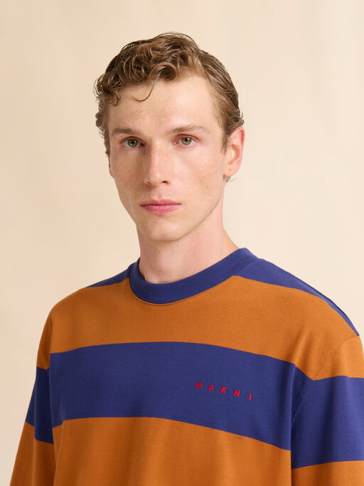 Deep blue and orange maxi-stripe cotton T-shirt - Shirts