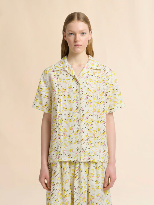 Yellow linen shirt with Brushstroke Wave print - Shirts