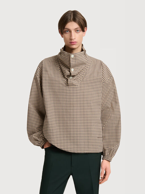 Brown checked poplin shirt with funnel neck - Shirts