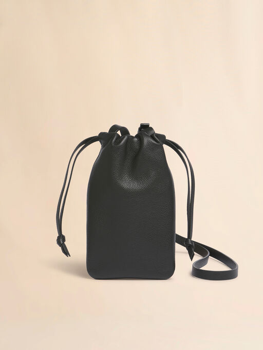 ブラック レザー製ドローストリング付きスマホホルダー、マルニメンディング入り - ウォレット＆レザー小物