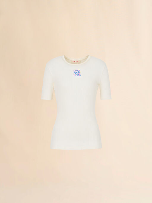 Marni Frameロゴ クリーム リブ編みコットンTシャツ - Tシャツ