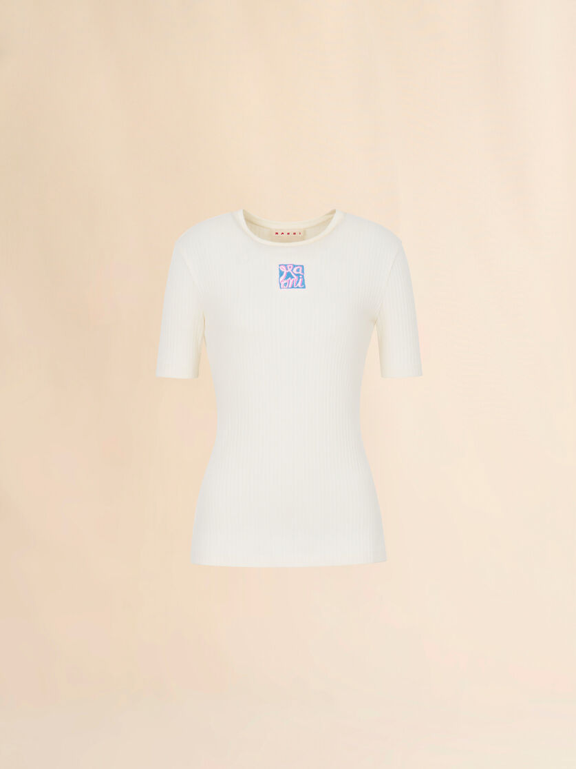 Marni Frameロゴ クリーム リブ編みコットンTシャツ, Image 1