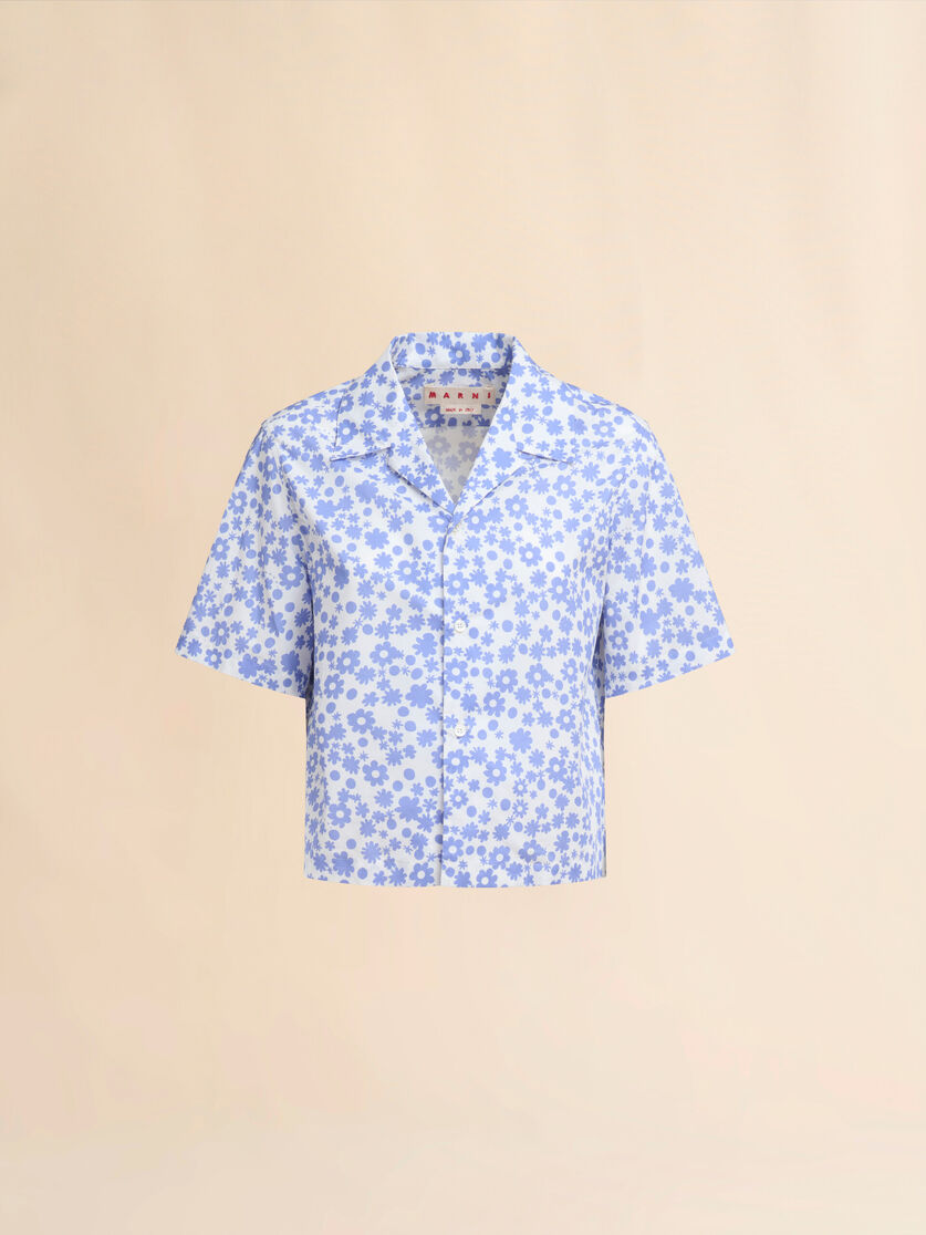 Poplin bowling shirt with blue and white Pop Fields motif - Shirts - Image 1