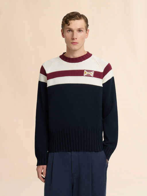 Deep blue cotton jumper with contrast stripe - Pullovers