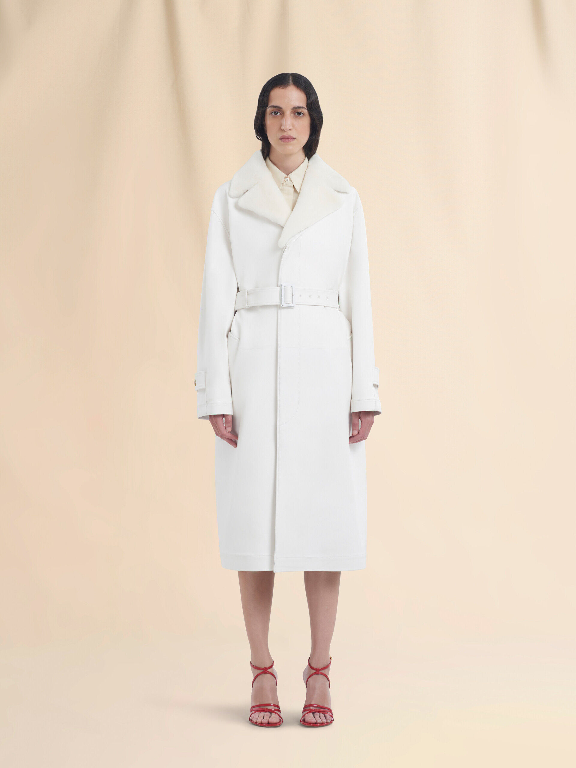 White nappa duster coat with shearling collar | Marni
