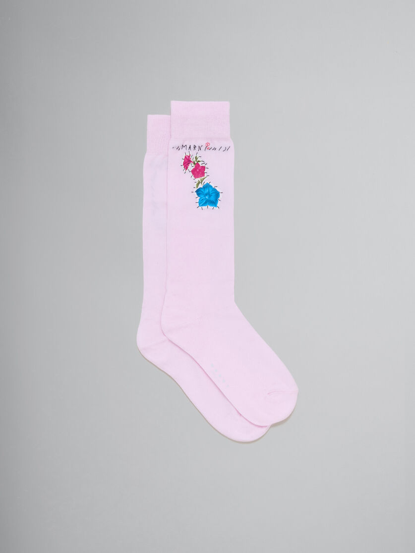 Rosafarbene Socken aus Baumwolle mit Blumen-Aufnähern - Socken - Image 1