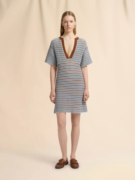 Brown and blue striped cotton crochet dress - Dresses
