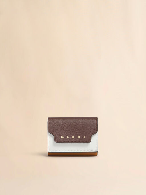 ブラウン ホワイト マスタード サフィアーノレザー製三つ折りウォレット - 財布
