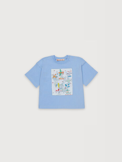 Light blue cotton T-shirt with airplane print - T-shirts