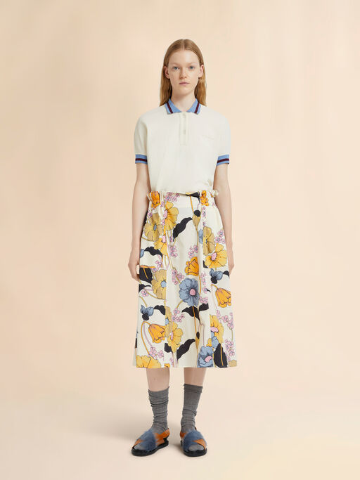 Cream poplin elasticated midi skirt with Melodia print - Skirts