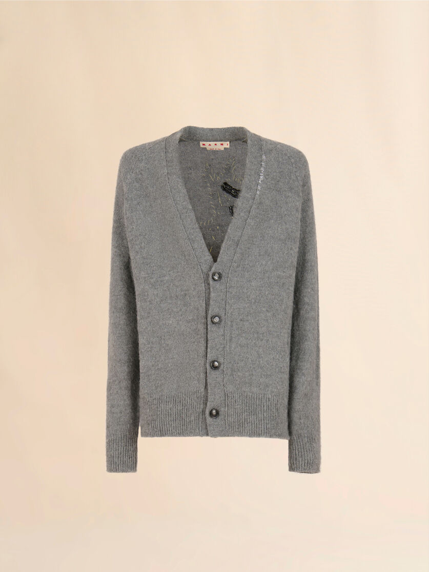 Grey wool alpaca cardigan with wolf patch - Pullovers - Image 1