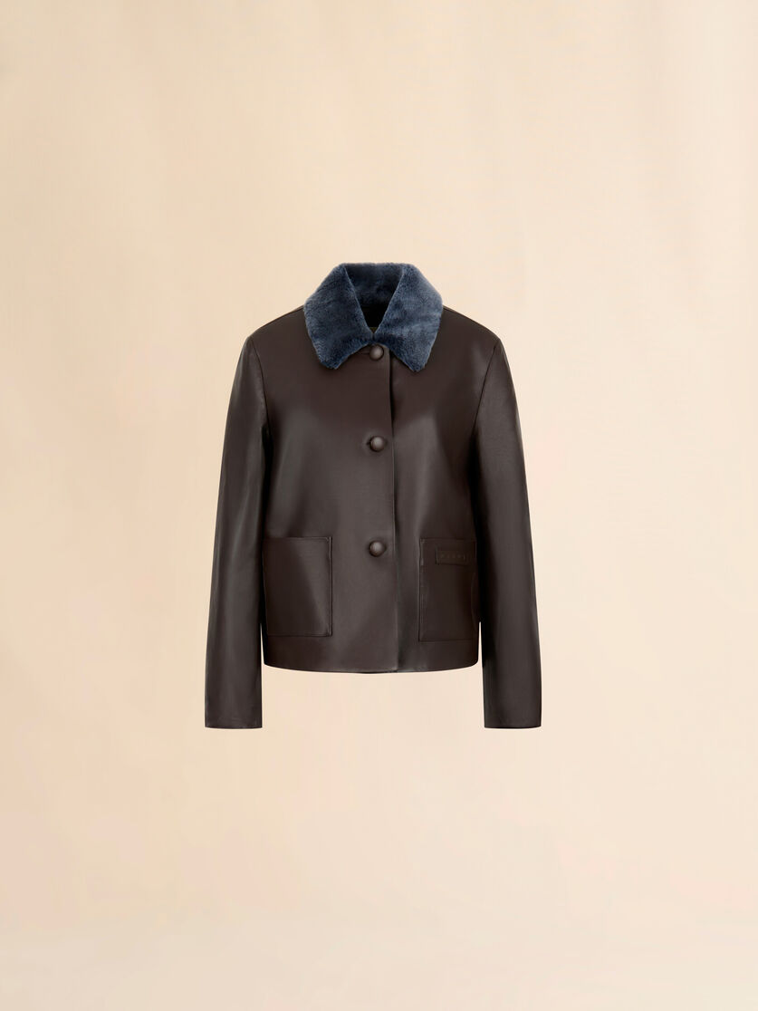 Brown nappa baby jacket with shearling trims, Image 1