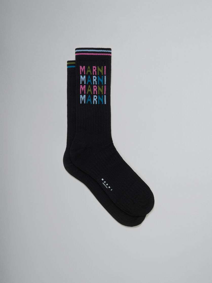 Schwarze gerippte Baumwollsocken mit bunten Logos - Socken - Image 1