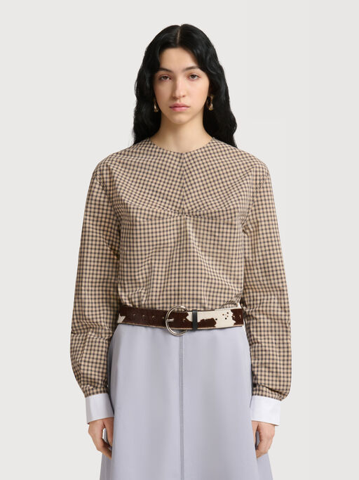 Brown checked poplin top with ruched front - Shirts