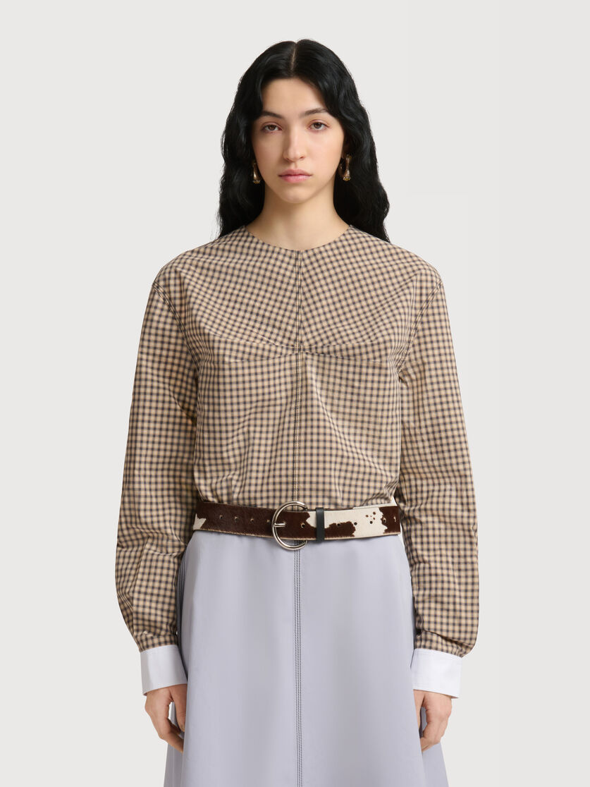 Brown checked poplin top with ruched front, Image 2