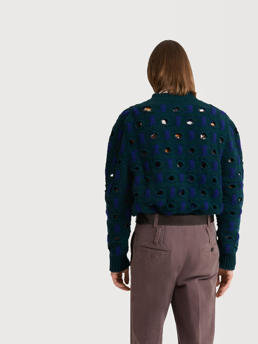 Pull bleu en laine et cachemire &agrave; motif ajour&eacute; - pulls