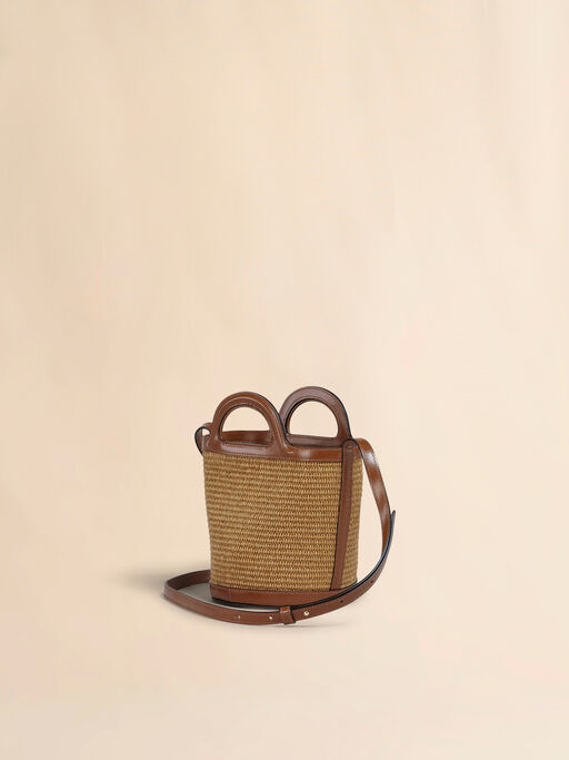 Kleine Beuteltasche Tropicalia aus braunem Leder und Material in Bast-Optik - Schultertaschen