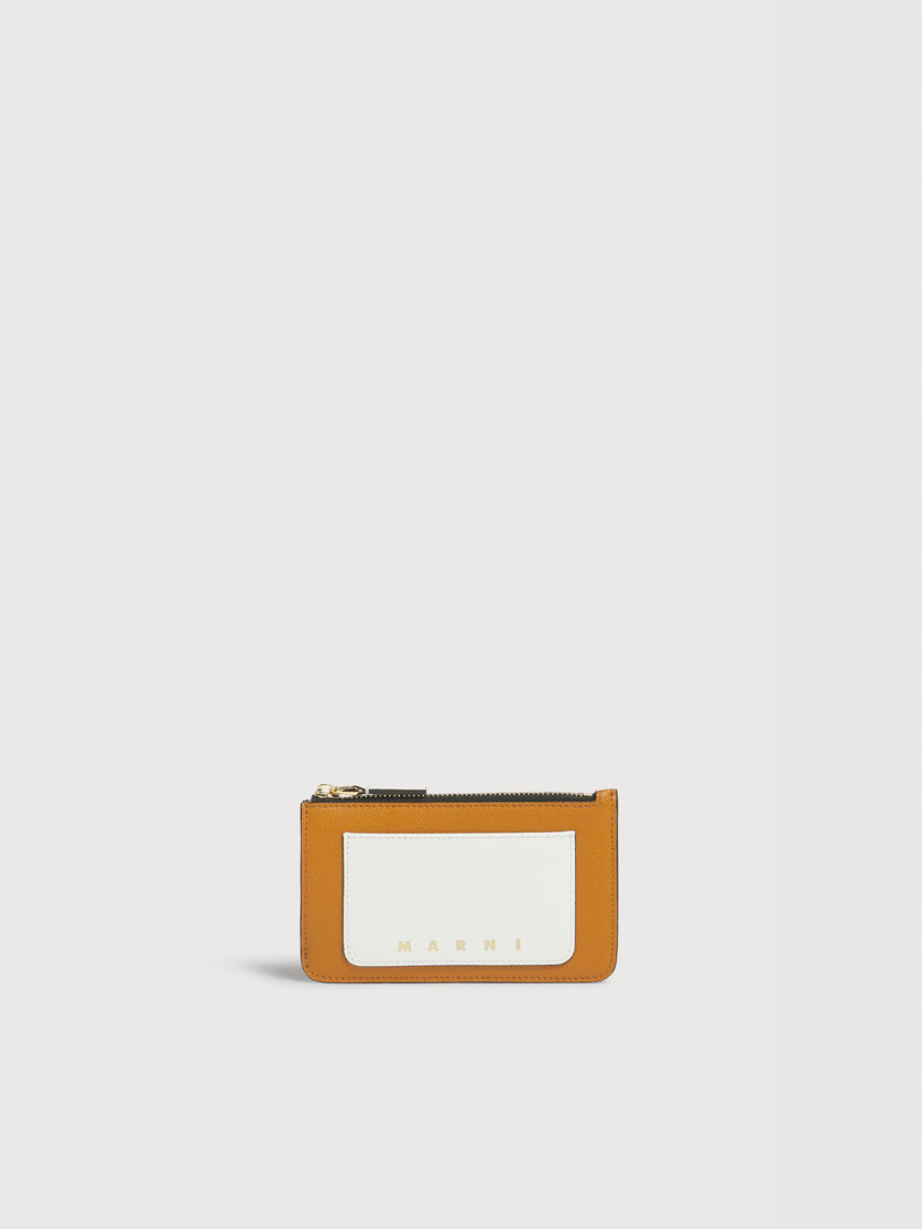 Portacarte con zip in pelle marrone, bianco e senape, Image 1