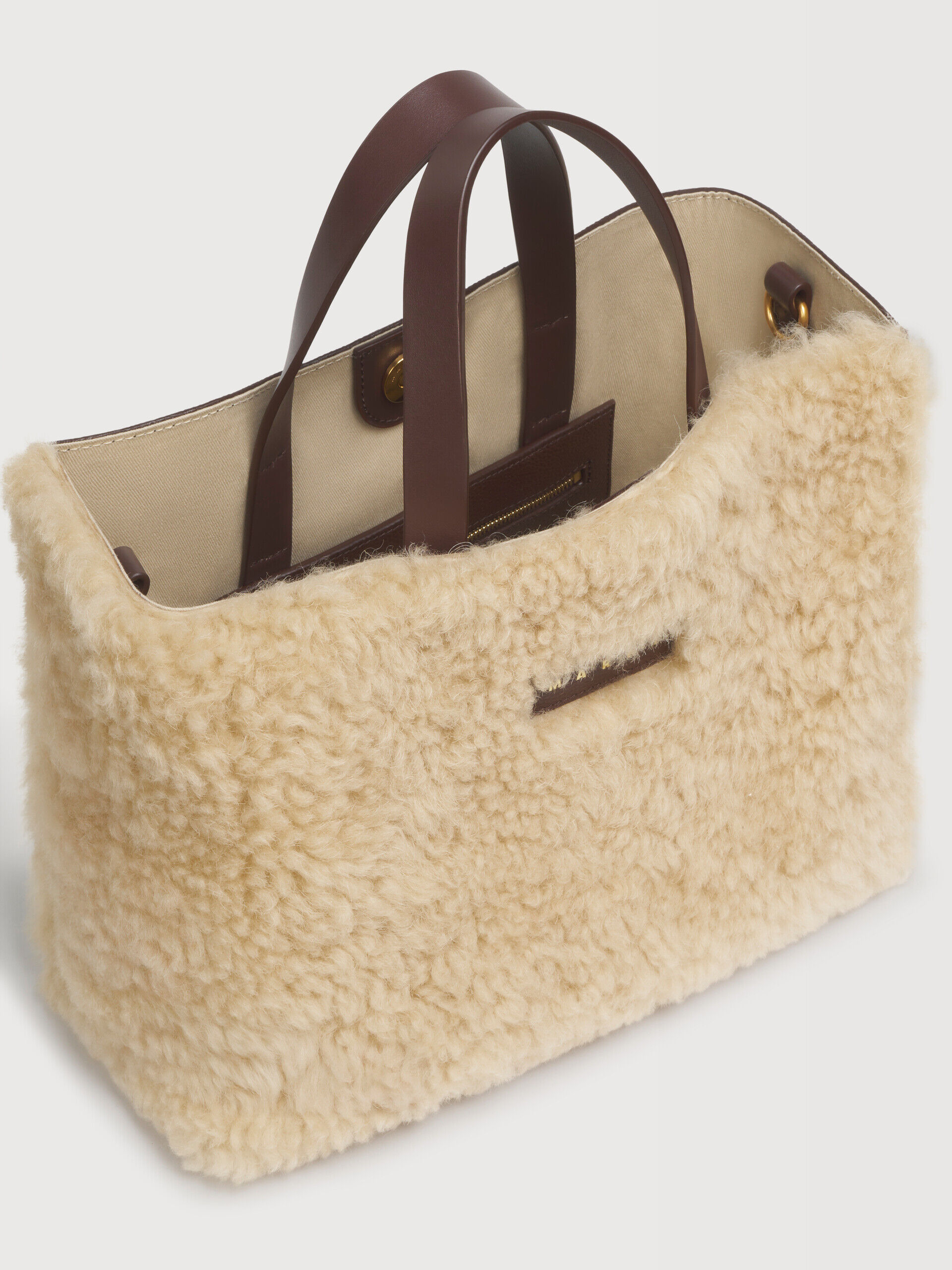 クリーム ムートン＆ブラウン レザー Museo Soft E/W バッグ | Marni