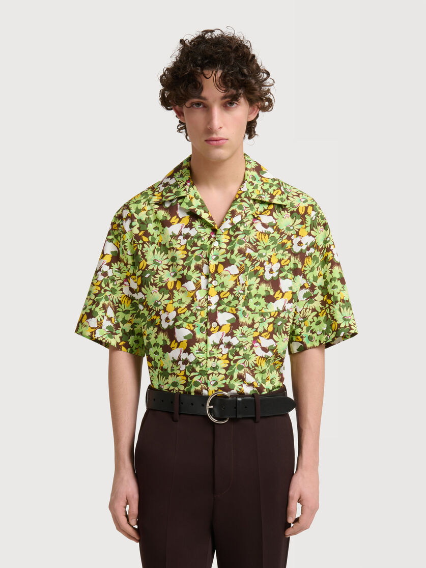 Brown poplin shirt with Pop Flowers print, Image 2