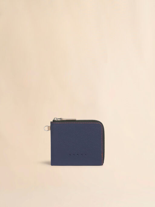 ブルー レザー製ラウンドファスナーウォレット、コントラストステッチ入り - 財布