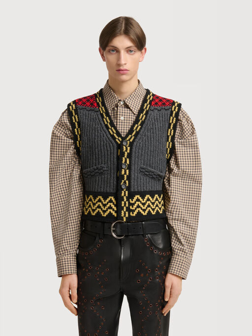 Grey wool button vest with geometric motif - Waistcoats