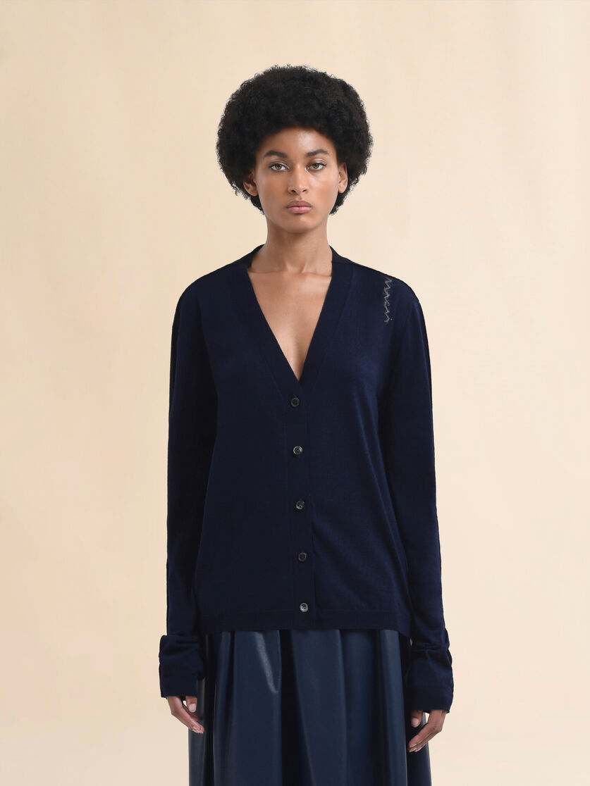 Blue silk and wool blend cardigan with contrasting back panel - Pullovers - Image 2