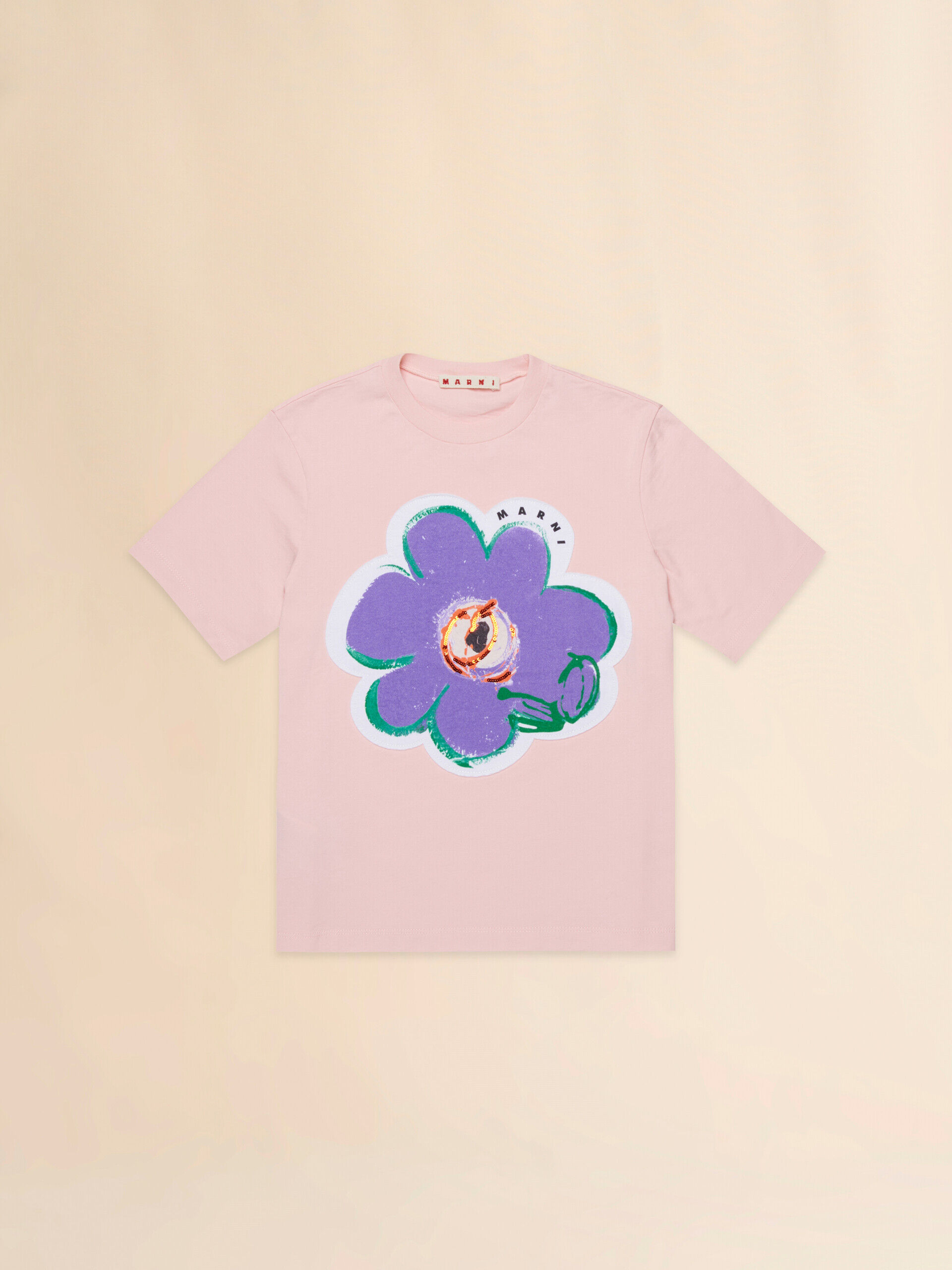 Pink cotton T-shirt with Dessert Flower patch | Marni