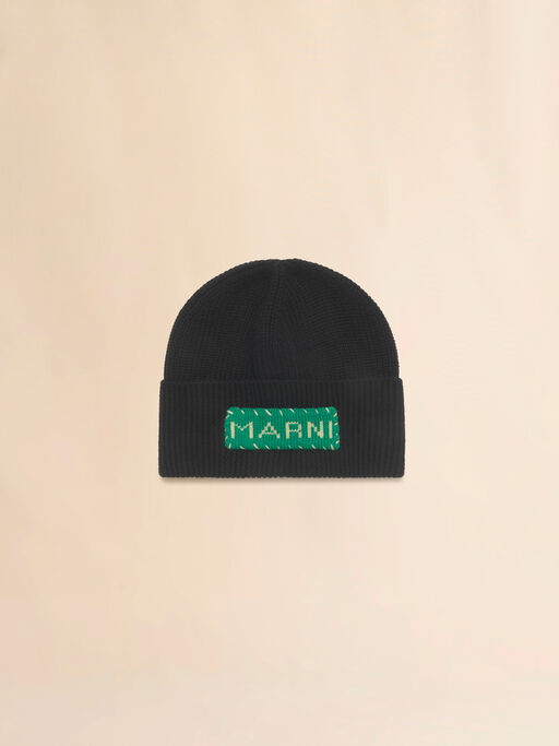 Black wool fisherman's rib beanie with Marni patch - Hats