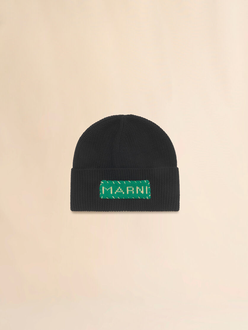 Black wool fisherman's rib beanie with Marni patch, Image 1